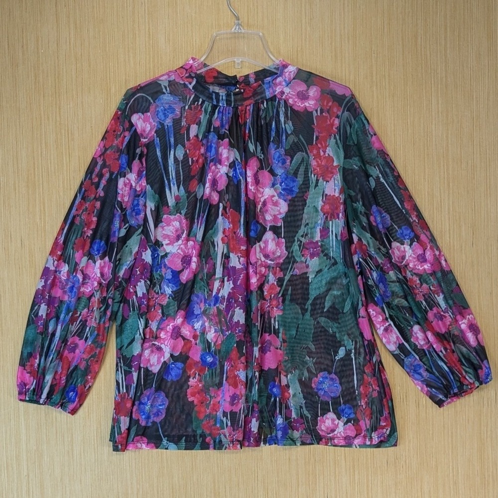 Cupio Blush Women's Colorful Floral Sheer Mesh Flowy Long Sleeve Top Size 2X